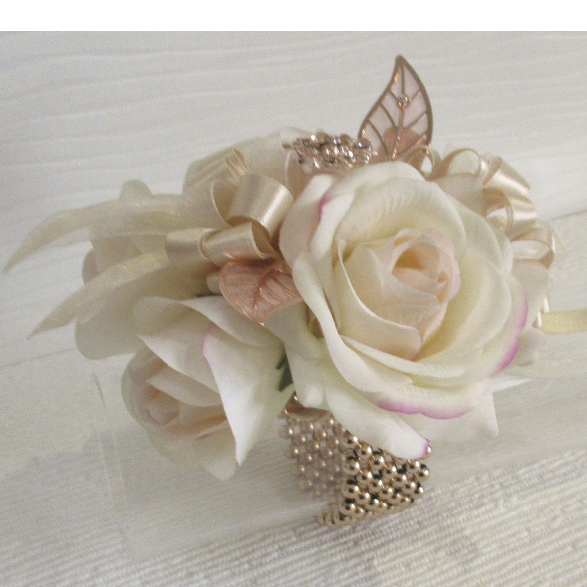 Blush Fresh Touch Roses & Rose Gold Wrist Corsage, blush & rose gold wrist corsage